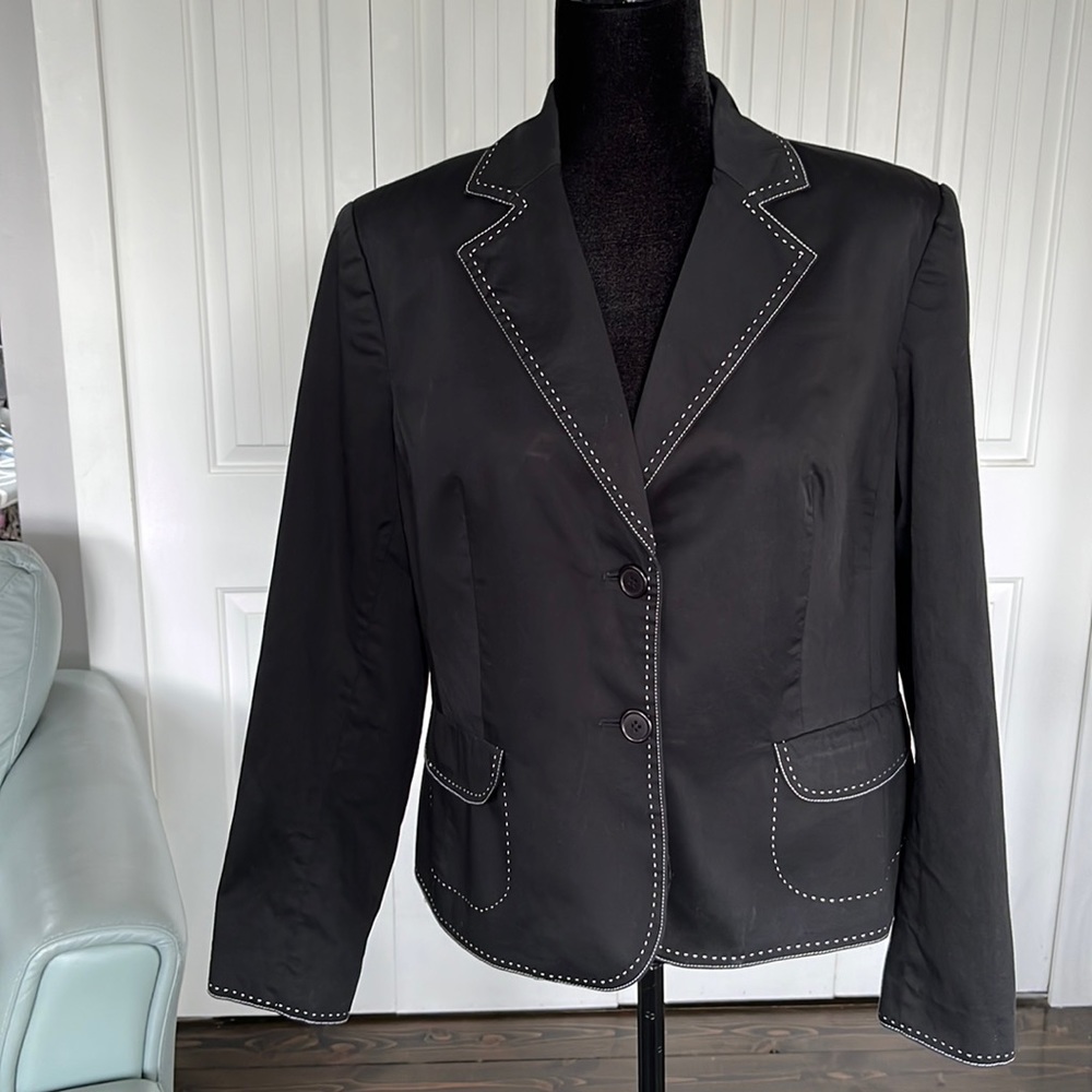 Glensport Collection, Black Blazer with White Stitch Decorative Trim, Size 14